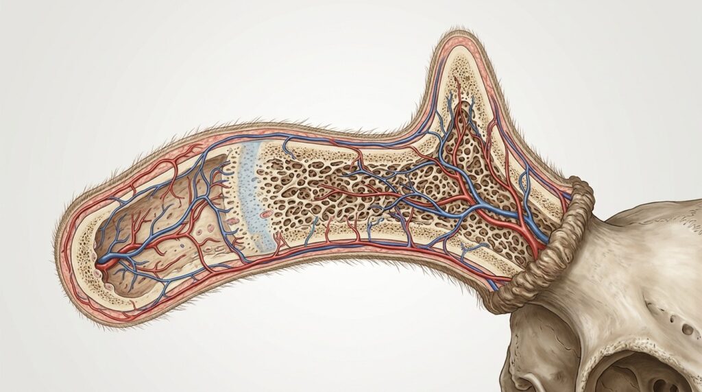 Schematic illustration of a growing antler structure: bone, cartilage, and a network of blood vessels. Photo.
