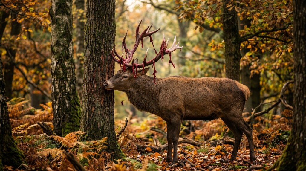 A deer shedding velvet from its antlers — the process looks impressive but is painless for the animal. Photo.