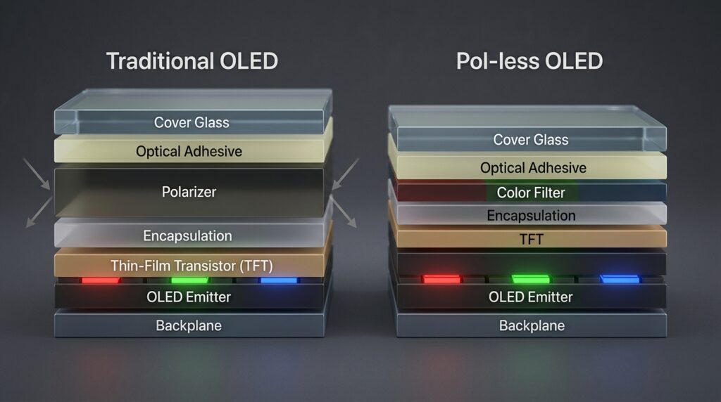 The key difference: a screen without a polarizer is thinner and brighter