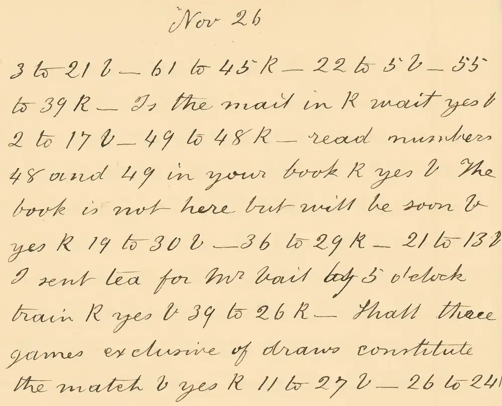 Records of player moves in a chess game played on November 26, 1844, made via telegraph. The note also mentions things like 'I sent tea for Mr. Vail on the five o'clock train.'
