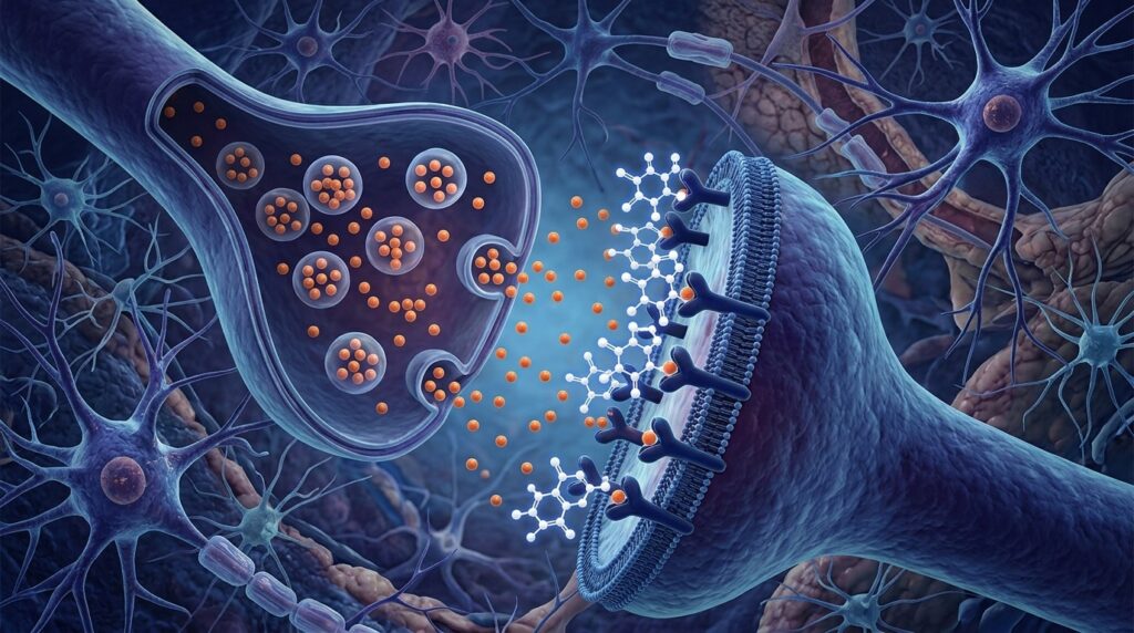 Caffeine occupies adenosine receptors in the brain and prevents fatigue signals from reaching neurons. Photo.