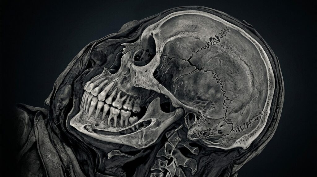 Detailed CT scan of a mummified head with visible teeth and cranial sutures. Photo.