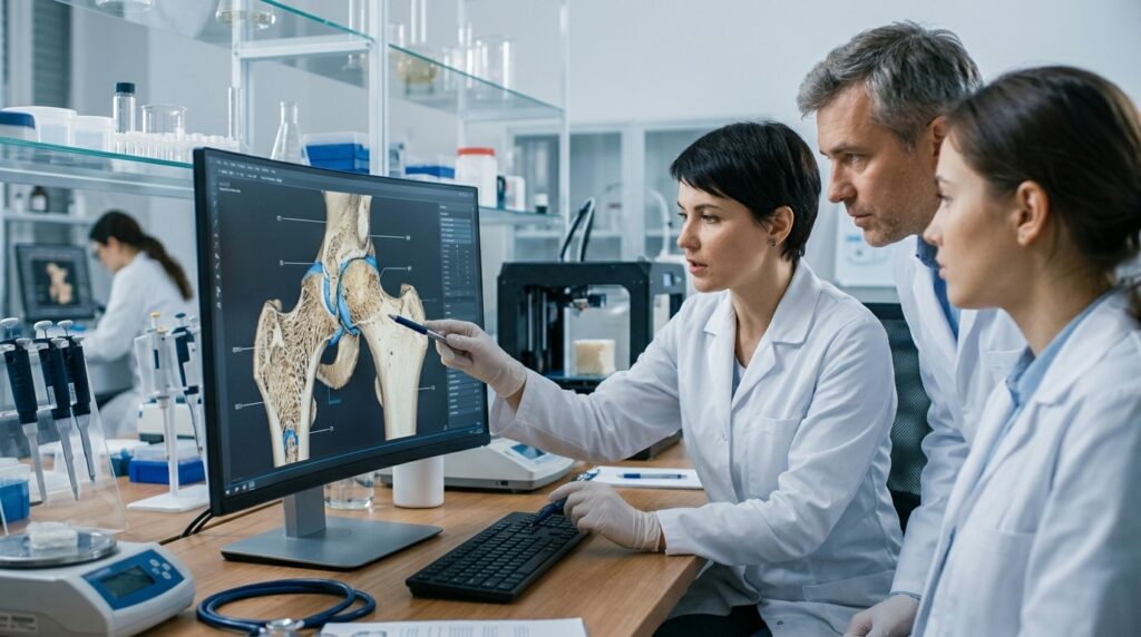 Researchers analyze a three-dimensional bone model on a monitor. Photo.