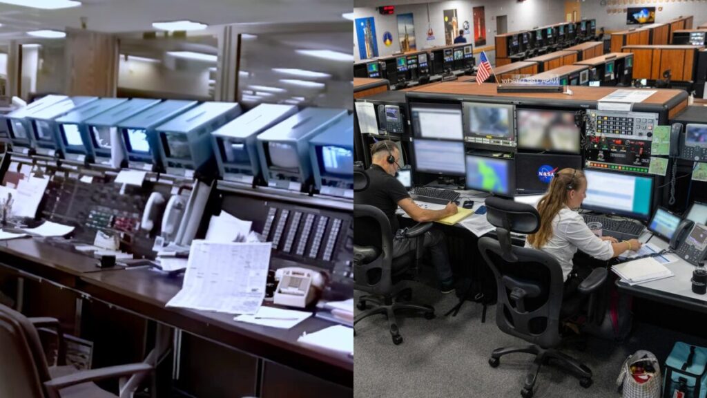 Voyager Mission Control Center in the 1980s (left) and Artemis Mission Control Center in 2026 (right). Image source: popsci.com. Photo.