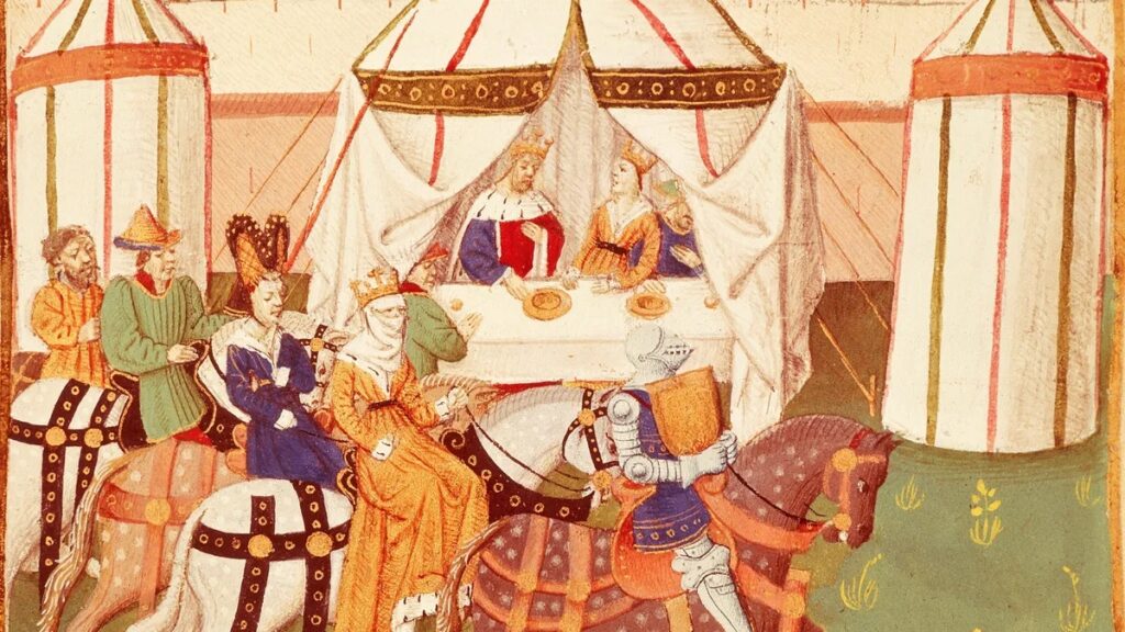 15th-century illustration depicting King Arthur at the feast table in Camelot. Image source: livescience.com. Photo.