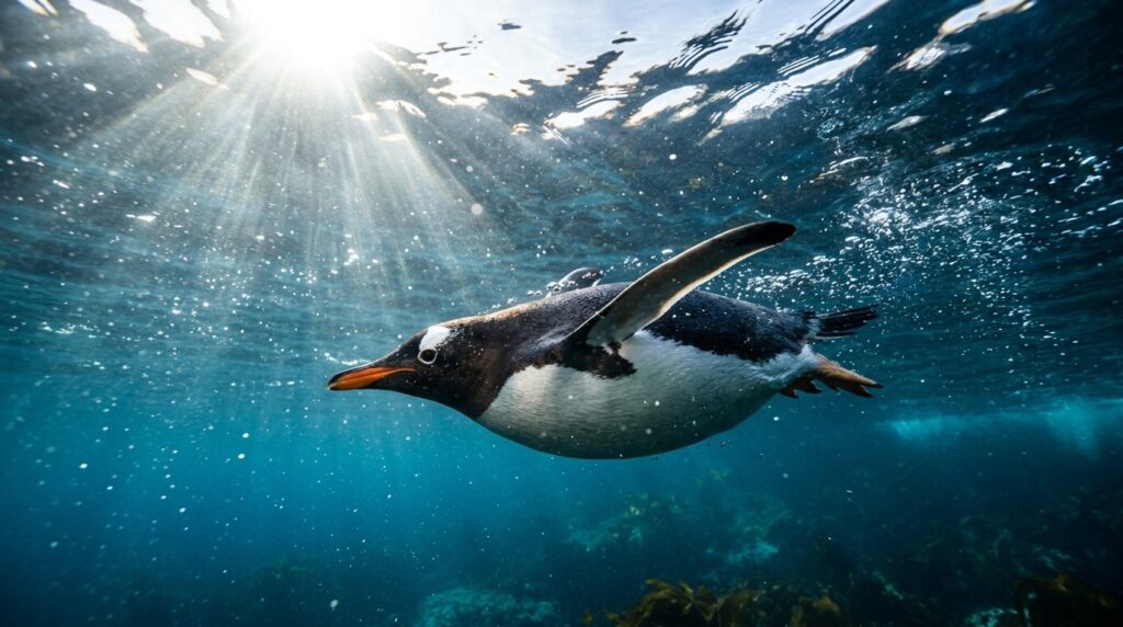A penguin 'flies' underwater, using flippers as wings
