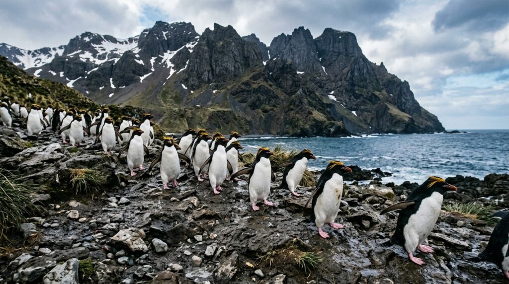 Macaroni penguins walking down a rocky slope toward the ocean