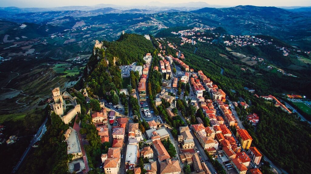 The medieval towers of San Marino are located atop Mount Titano. Image source: blog.ostrovok.ru.