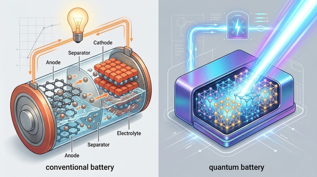 Comparison of the working principles of a conventional and quantum battery