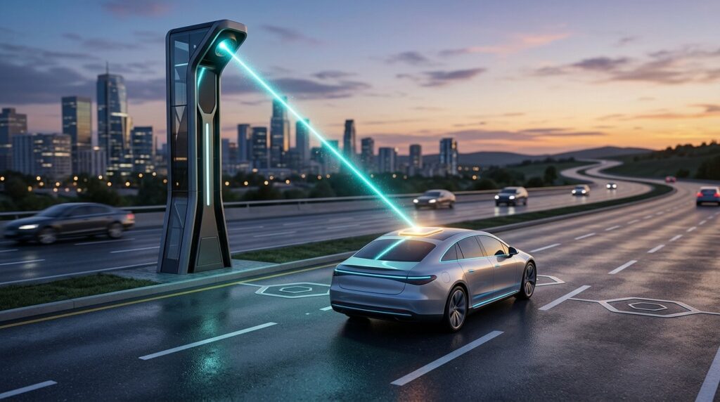 Future concept: an electric vehicle being charged by laser while driving