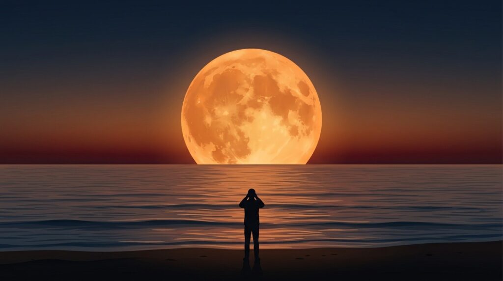 Near the horizon, the Moon appears enormous, but this is an optical illusion, not an actual increase in size. Photo.