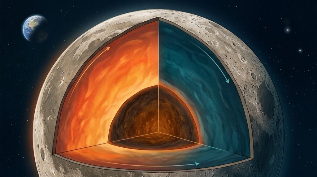 Schematic cross-section of the Moon: the Earth-facing side of the mantle is warmer than the far side