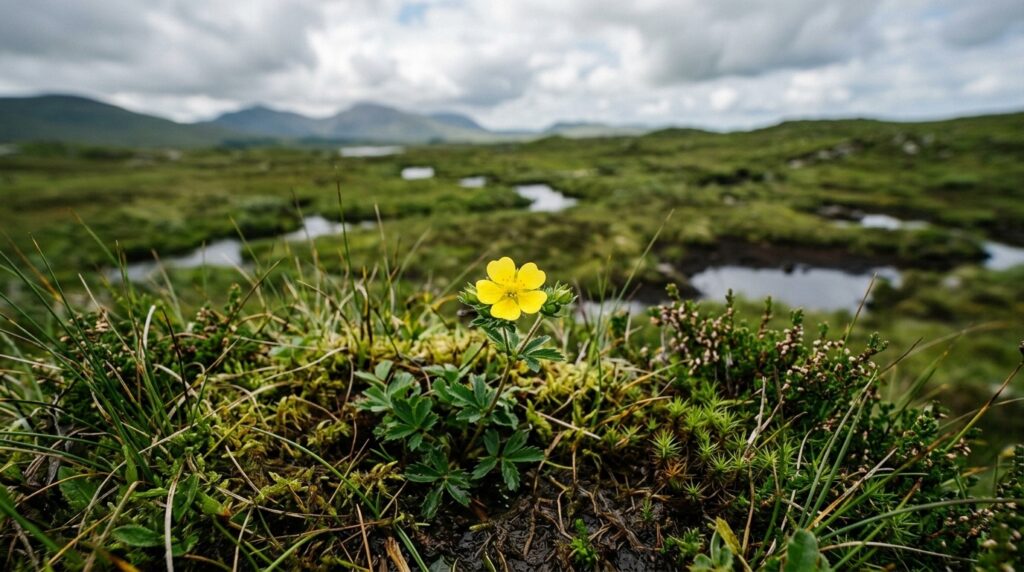 Tormentil on an Irish bog — an unassuming flower with unexpected potential. Photo.