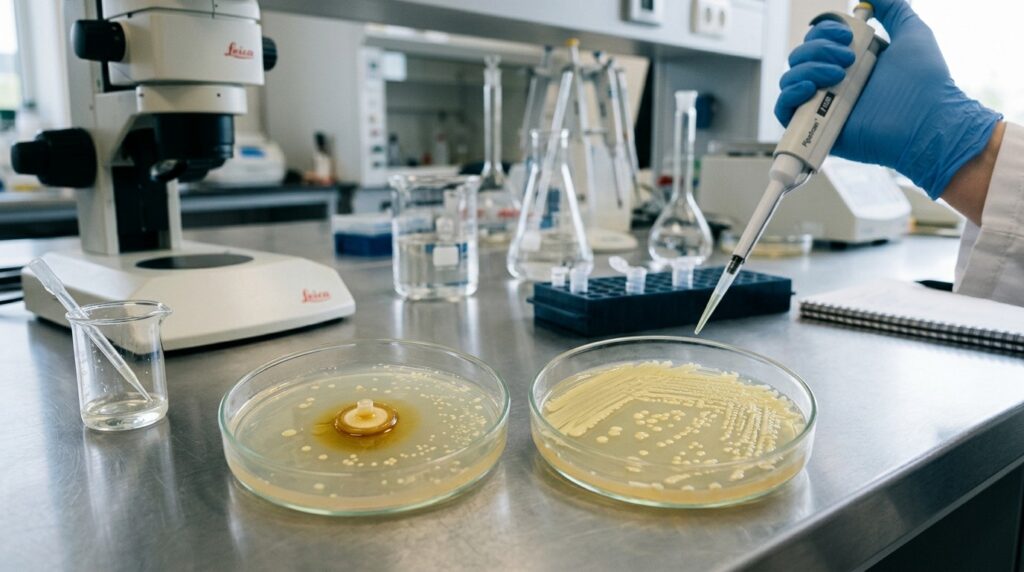 Laboratory Petri dishes with bacterial cultures: comparison of samples with and without the extract. Photo.