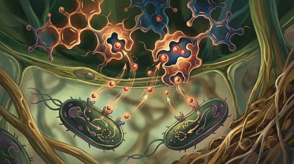 Schematic illustration of the mechanism: plant molecules intercept iron, depriving bacteria of a resource for growth. Photo.