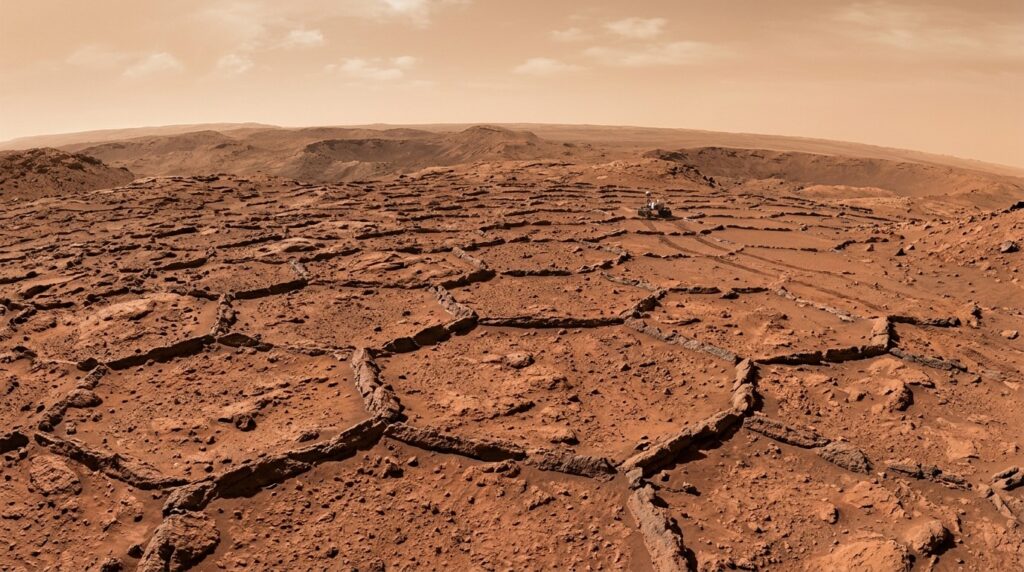 Raised mineral ridges on the Martian surface form a hexagonal grid. Photo.