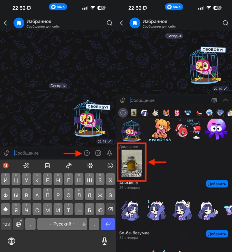 Create your own stickers in MAX on iPhone. After adding, the sticker pack will be available for sending in the standard way. Photo.