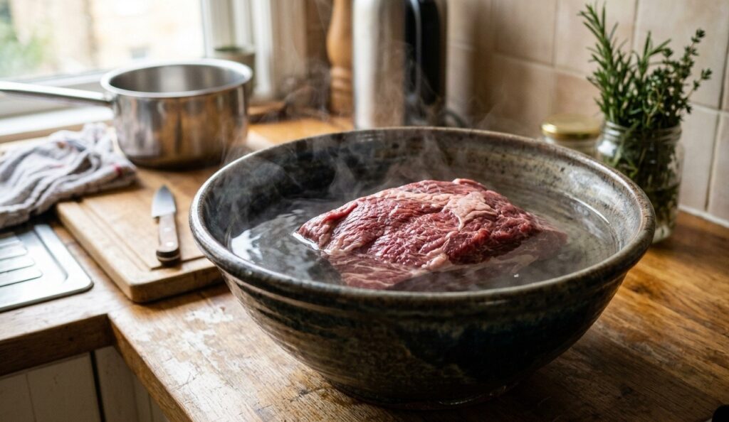 Defrosting meat in hot water is a common but dangerous practice. Photo.