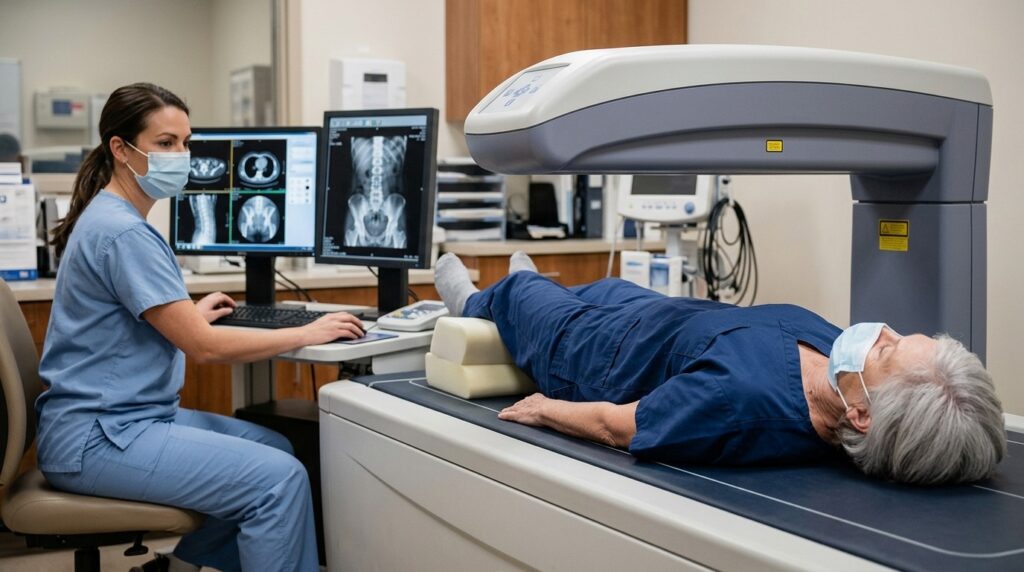 A patient undergoing densitometry, a bone density study. Photo.