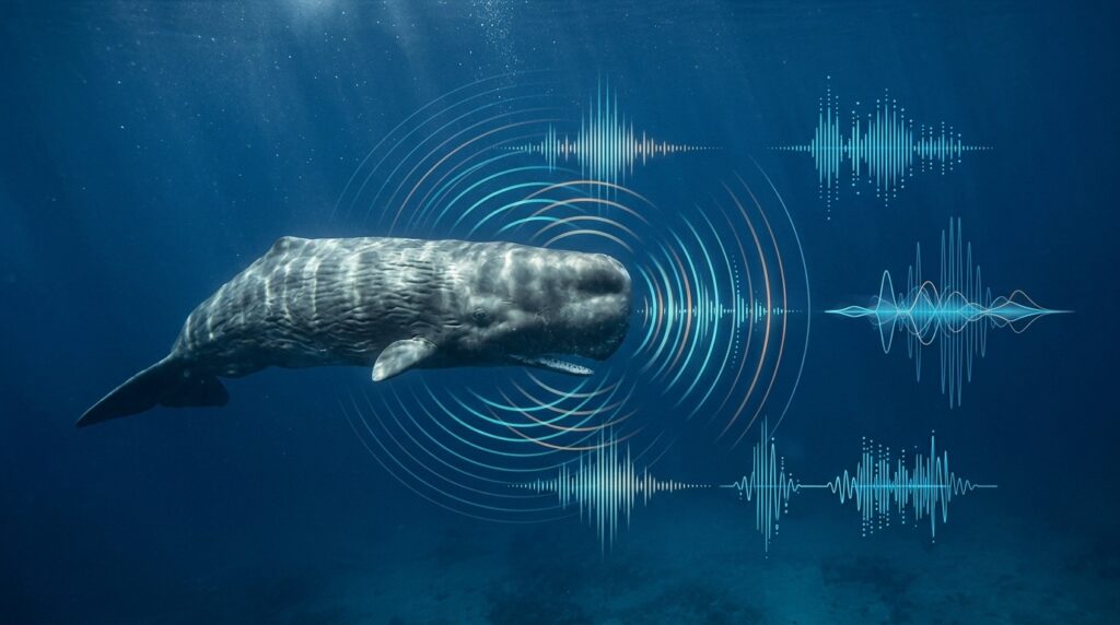 A sperm whale in the ocean: scientists are deciphering the structure of its click-codas