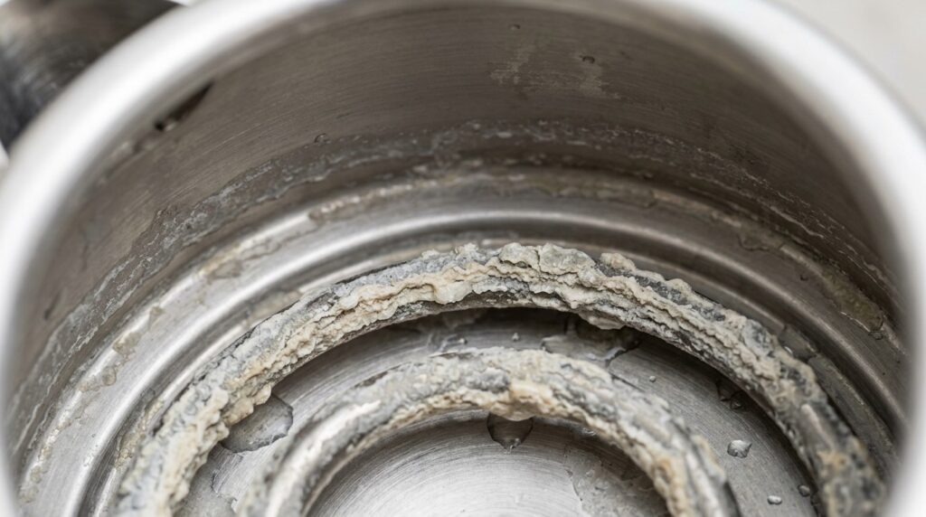 Thick layer of limescale on the heating element of an electric kettle. Photo.