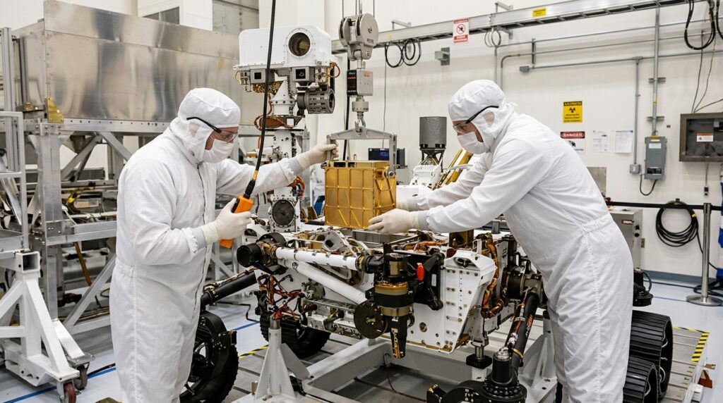 Engineers installing MOXIE into the Perseverance rover body