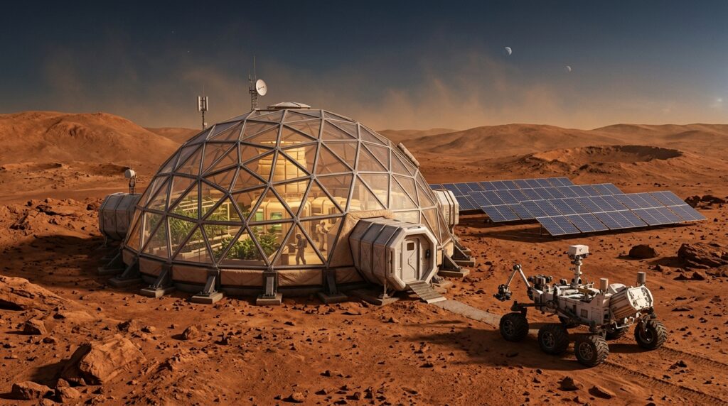 Concept of a Martian base with sealed habitation modules and solar panels