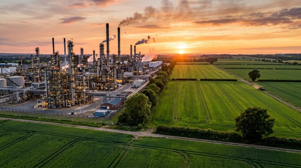 An oil refinery next to agricultural land — a symbol of modern civilization's dependence on fossil fuels