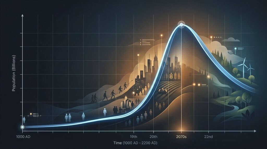 Schematic curve of Earth's population growth: the peak is expected in the 2060s–2070s