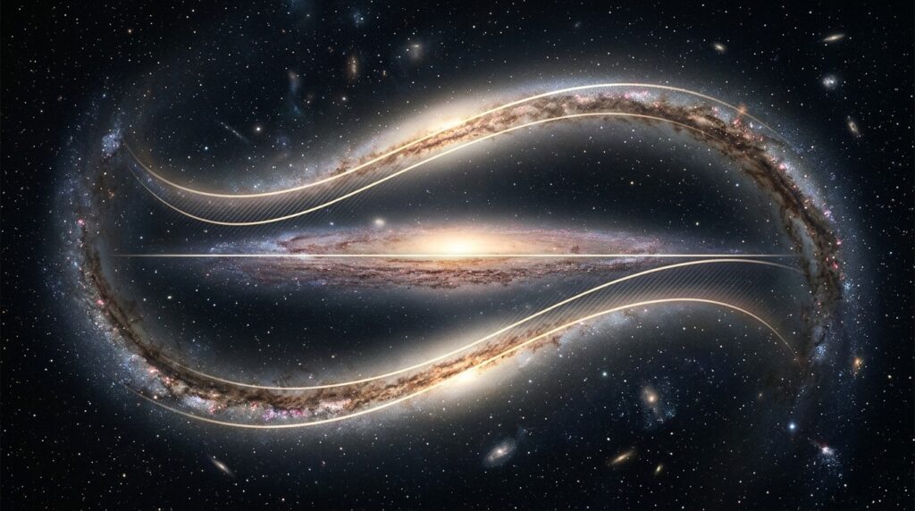 This is what the warp of the galactic disk looks like — its outer edges noticeably deviate from the plane