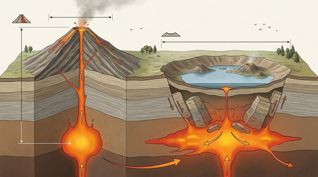 A caldera differs from an ordinary volcano: it is a wide, shallow depression above an enormous magmatic reservoir