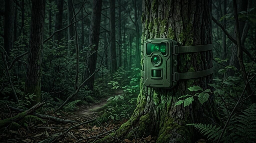 An infrared trail camera in the forest — a standard Bigfooter tool. Photo.