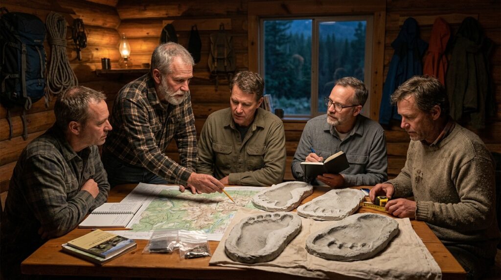 Bigfooters examine plaster casts of footprints at a field base. Photo.