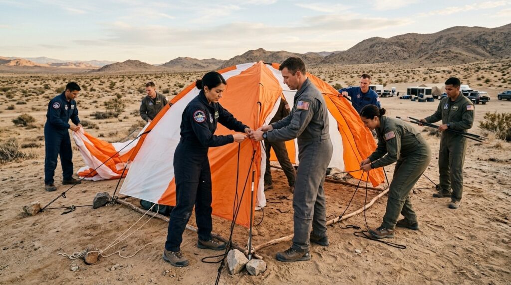 Astronaut candidates learn to build a shelter from parachute fabric in the desert. Photo.