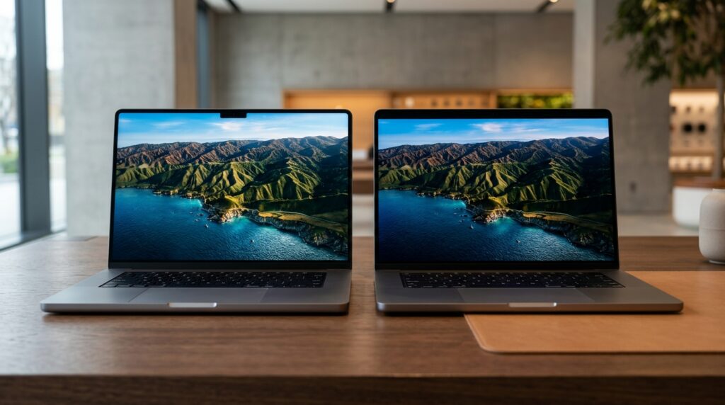 The current MacBook Pro (left) and a conceptual representation of the updated model