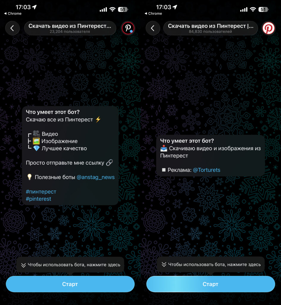 Telegram Bots for Downloading Pinterest Videos Without a Watermark. Started the bot, sent the link, and downloaded the video. Photo.