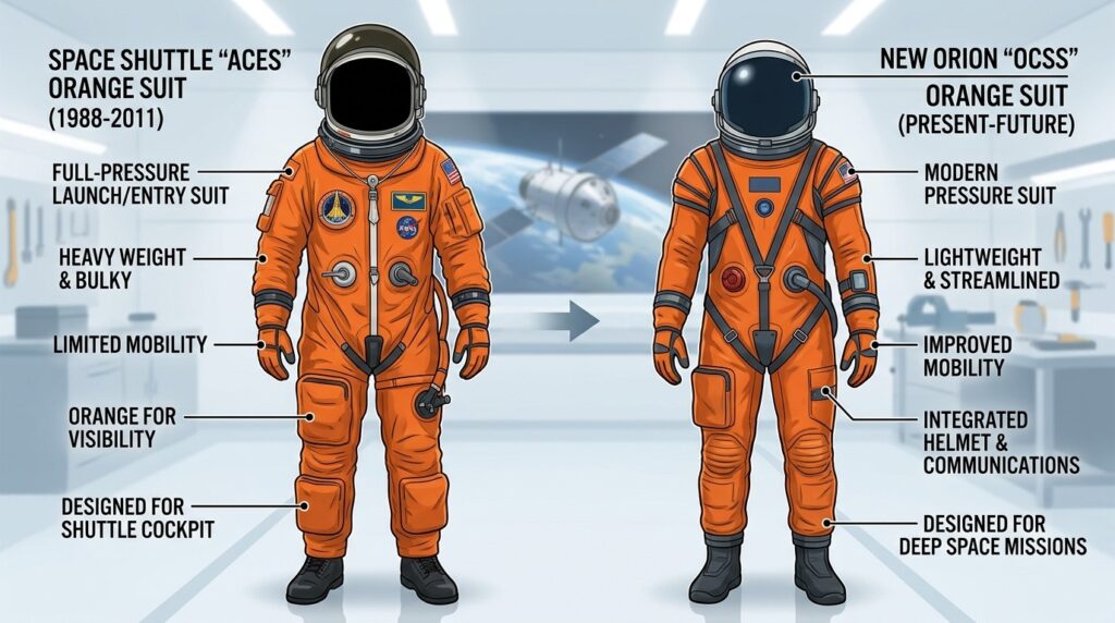Comparison of spacesuits: the old Shuttle-era ACES and the new OCSS for Artemis missions. Photo.