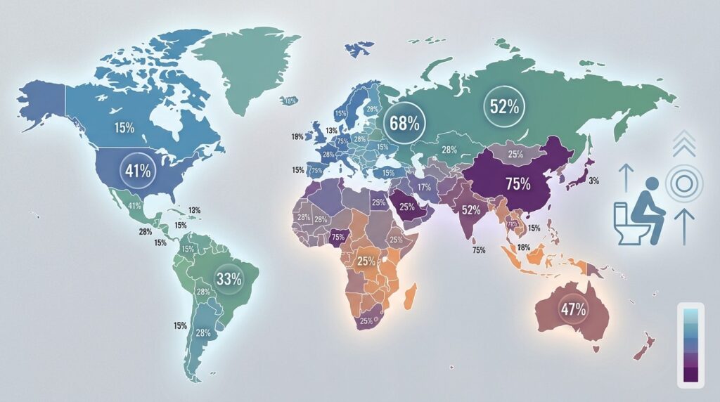 The percentage of men who prefer to urinate sitting down varies greatly across different countries