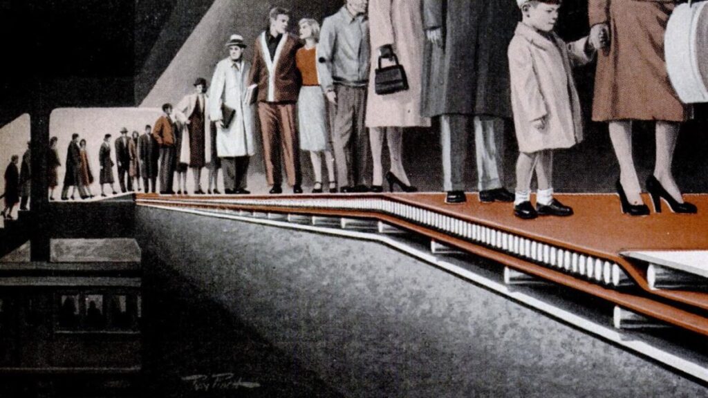 This is what Speer's moving sidewalk could have looked like above the bustling Broadway of the 1870s