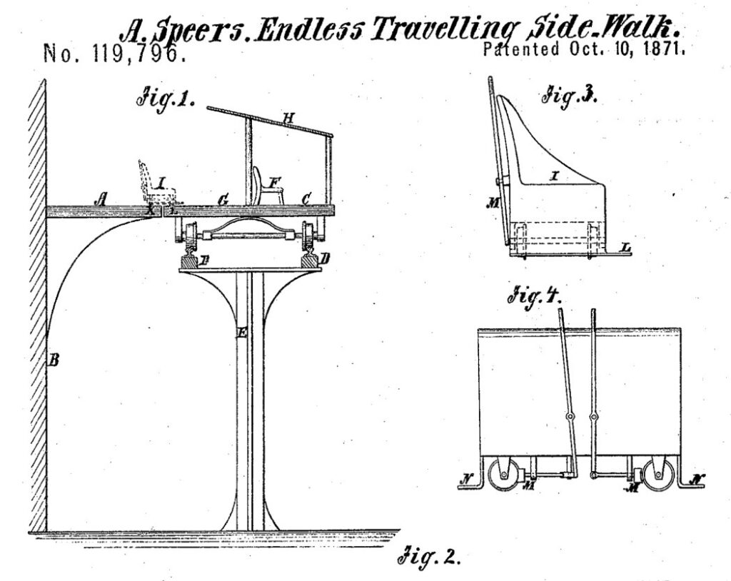 Alfred Speer's 1871 patent for the 'Endless Traveling Sidewalk' shows comfortable chairs that were supposed to move along the sidewalk.