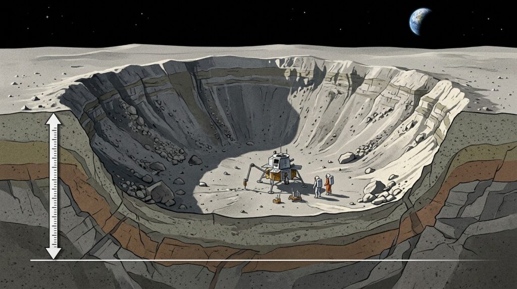 Schematic cross-section of a funnel-shaped crater with steep walls