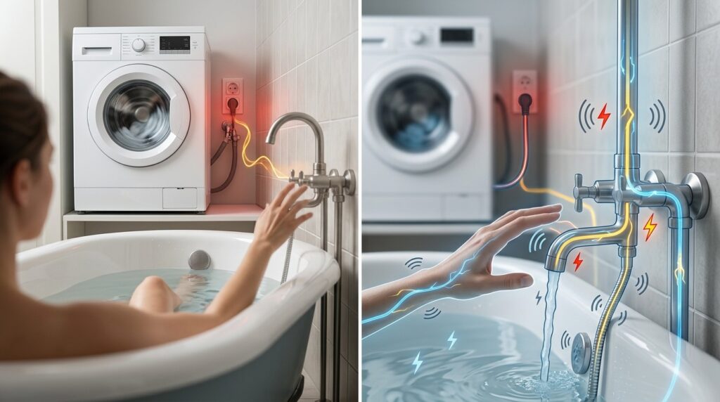 There is definitely good reason not to bathe while the washing machine is running. Photo.