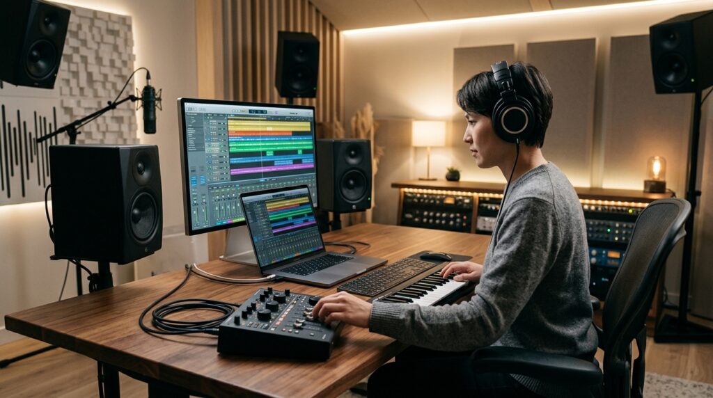 A recording studio with equipment for working with spatial audio