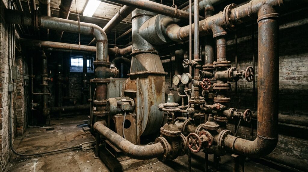 An old building's plumbing system — a potential source of invisible stress. Photo.