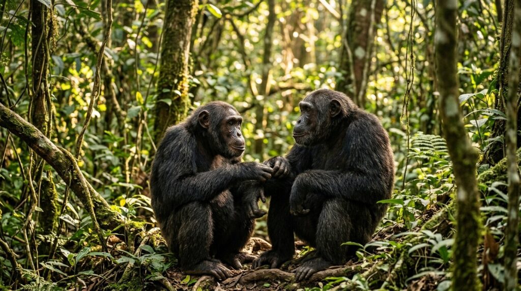 Chimpanzees live in polygamous groups where males actively compete for females