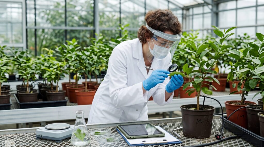 A researcher examines the leaves of a young citrus tree after gene editing