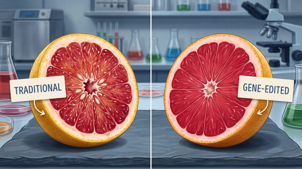 Comparison of regular and edited grapefruit — still hypothetical, as the fruit has not yet ripened