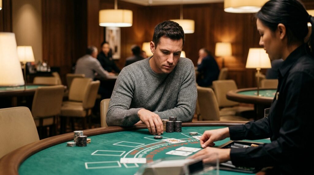 A player at the blackjack table: complete concentration on the cards, no distracting factors