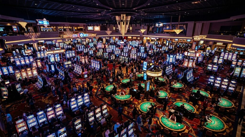 A Las Vegas casino gaming floor: bright artificial lighting without a single ray of daylight