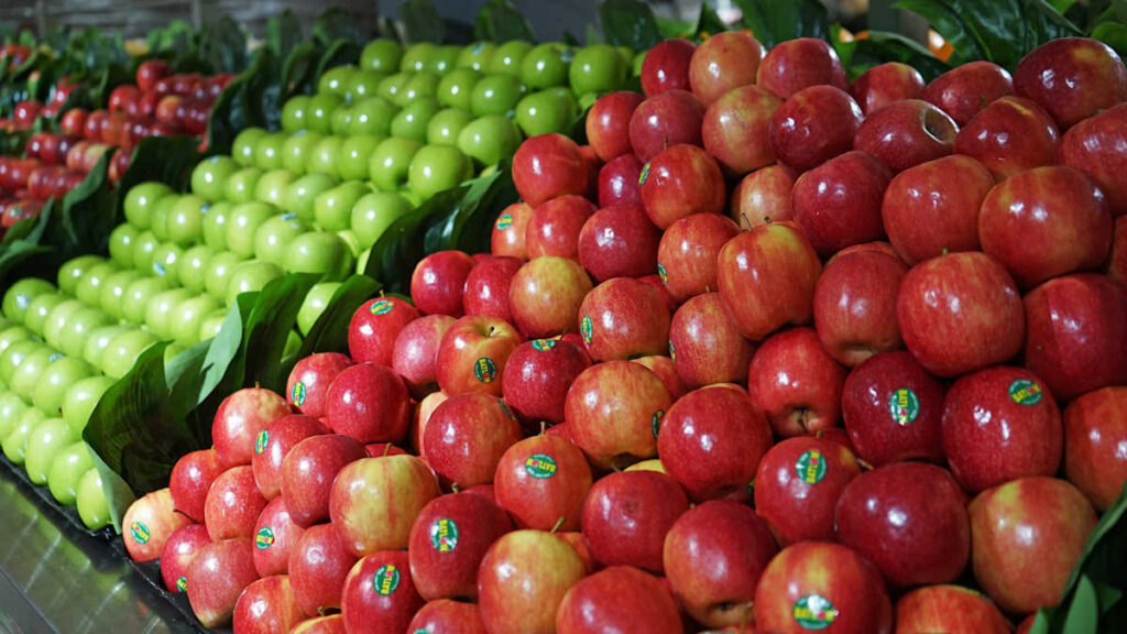 Glossy apples on a supermarket shelf. Photo.